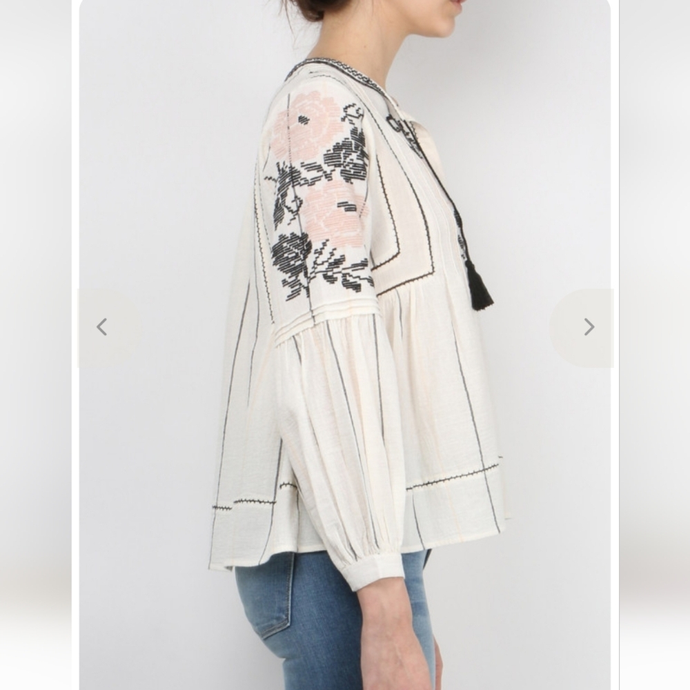 Ulla Johnson Flora Ivory Long Sleeve Embroidered Blouse, Size XS, Boho Luxe